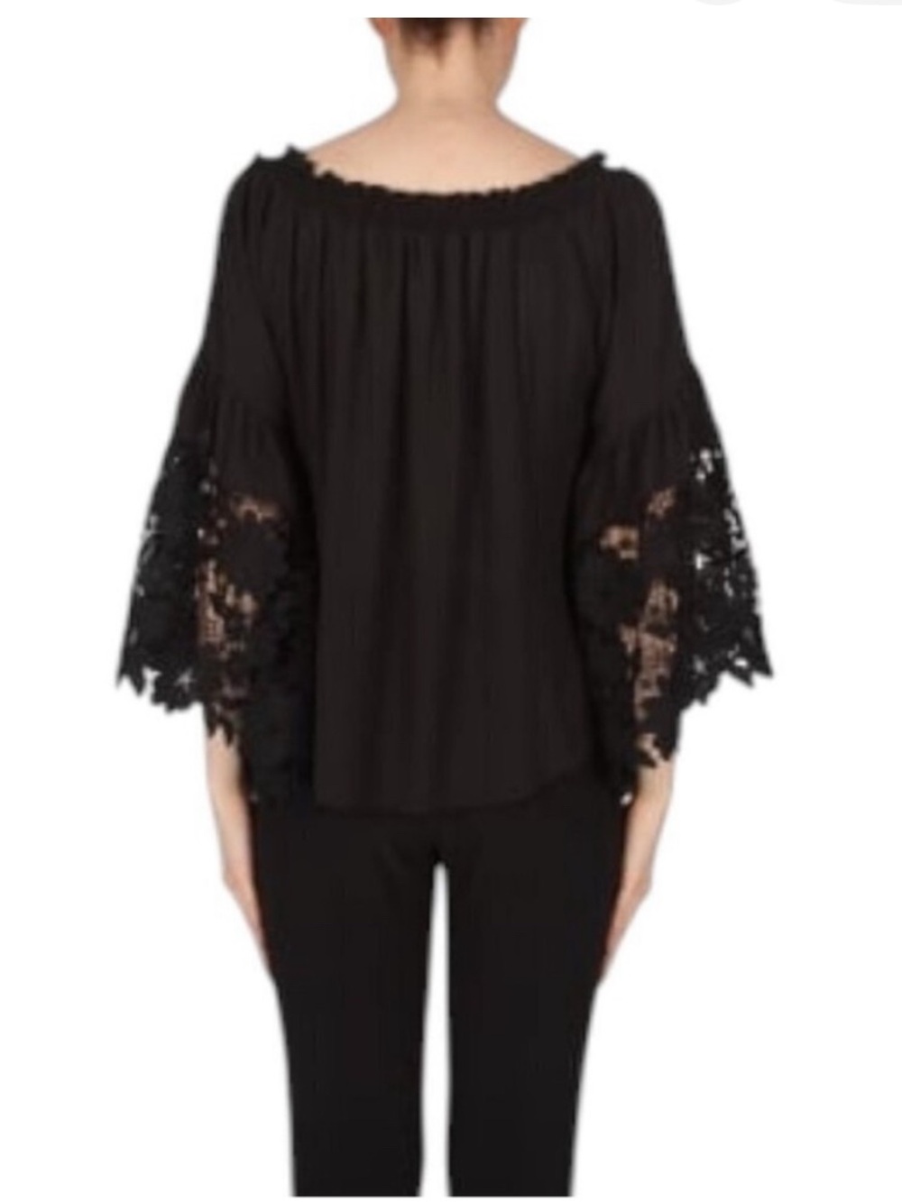 Joseph Ribkoff Off-Shoulder Black Lace Bell Sleeve Women's Top - Picture 5 of 6